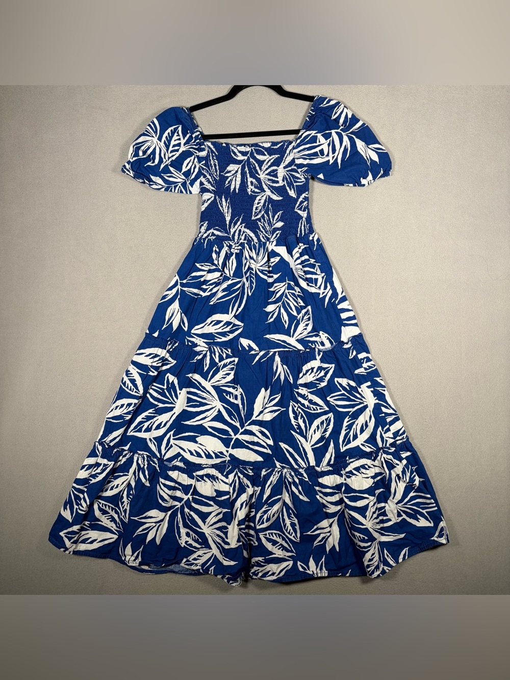 Meadow Rhodes Tropical Floral Smocked Tiered Midi Dress Womens Petite Small Blue - Picture 10 of 11